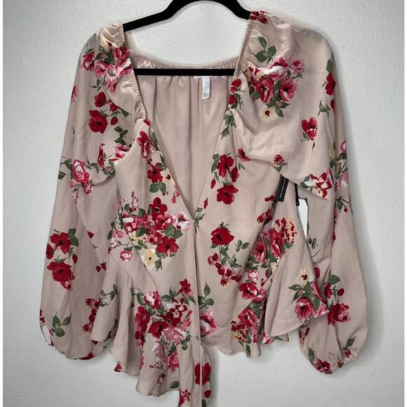 NWT Leith Pink Adobe Taupe Pink Red Floral Print Bell Sleeve Ruffle Wrap Top S - Picture 2 of 14